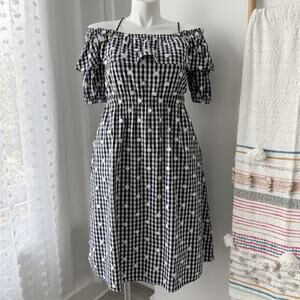 Perseverance Blue White Gingham Daisy Floral Short Puff Sleeve Midi Dress Size 8